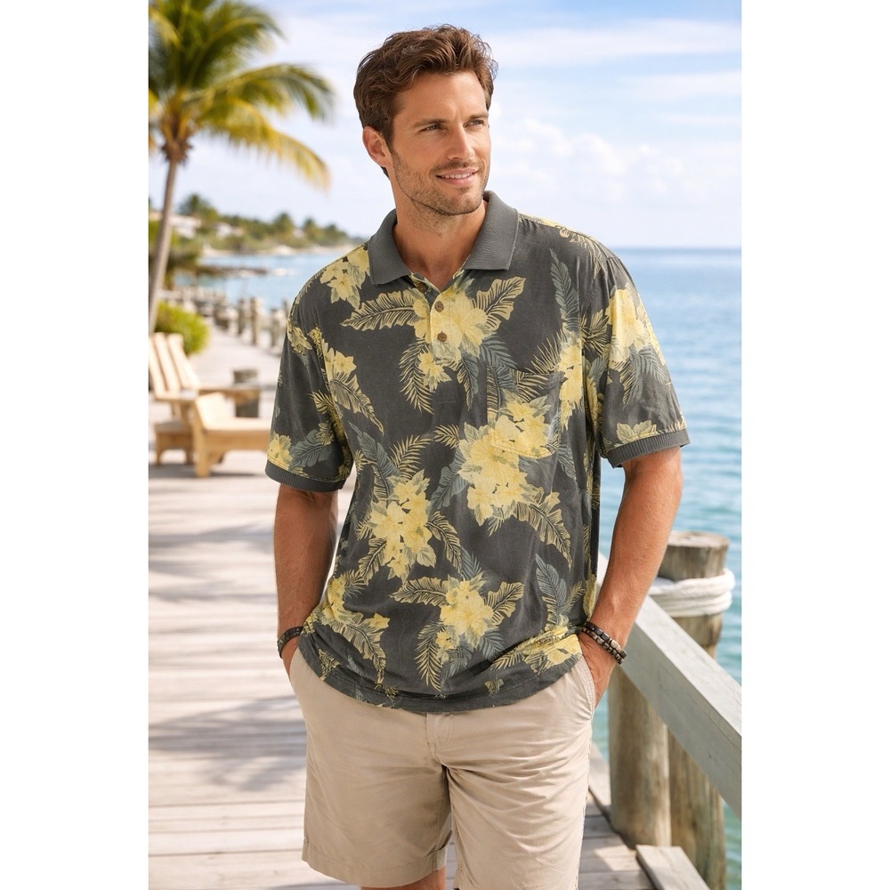 Tommy Bahama 90's Hawaiian Polo XL Yellow Floral 100% Cotton Beach Resort - Picture 2 of 7